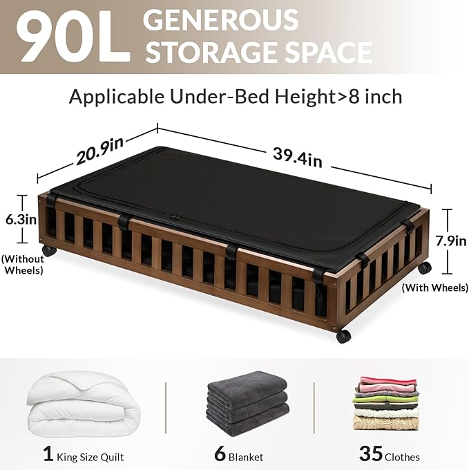 2 Pack Bamboo Under Bed Storage with Wheels, 39”x20”x7.8” Lager Under Bed Storage Containers (Brown)-CasaMuseHome