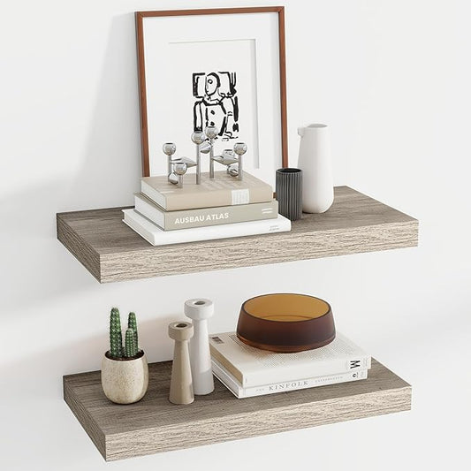 24 Inch Floating Shelves, 11.6 Inch Deep Floating Shelves for Wall, Floating Shelf with Invisible Brackets, Deep Shelves for Bathroom, Bedroom, Living Room, 2 Pack, Vintage Gray Oak-CasaMuseHome