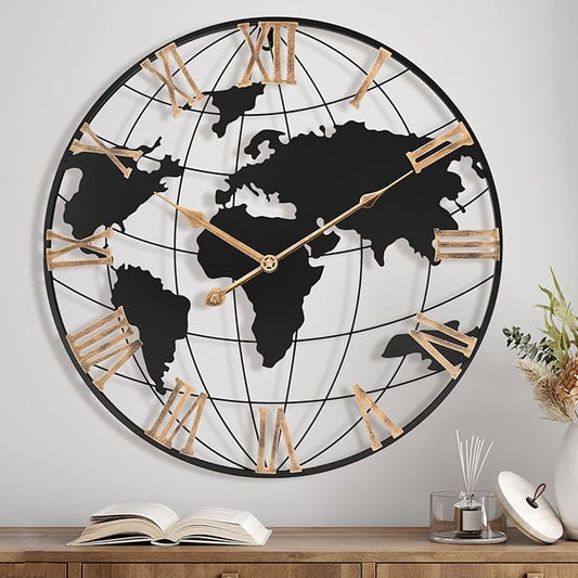 20 Inch Large Wall Clock for Living Room Decor,Big Modern Decorative Silent World Map Metal Wall Clock with Vintage Gold Roman Numeral for Office,Living Room,Kitchen,Dining Room-CasaMuseHome