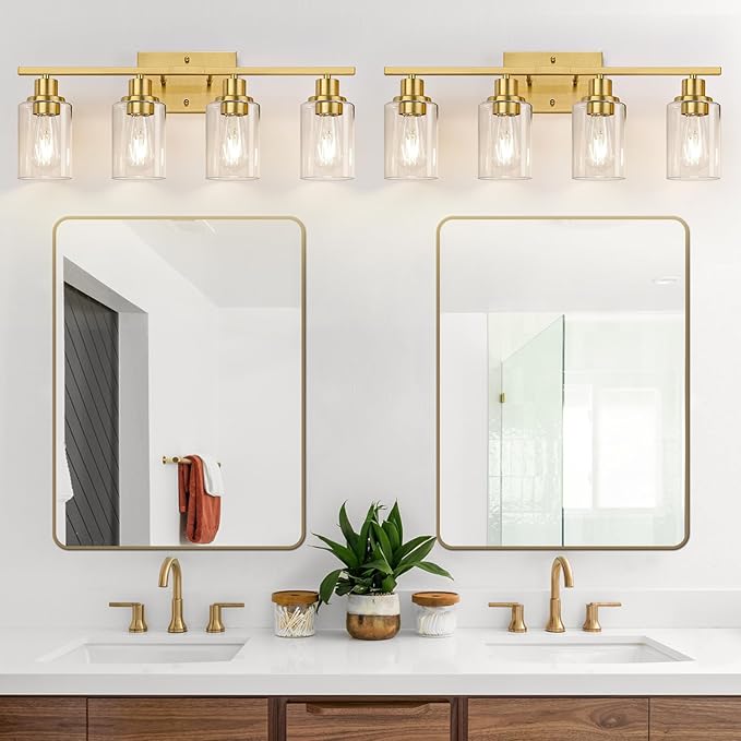 4-Light Vanity Lights with Clear Glass Shades, Brushed Gold Bathroom Light Fixtures Over Mirror, Modern Bathroom Wall Lamp for Mirror Living Room Cabinet Bedroom Porch-CasaMuseHome