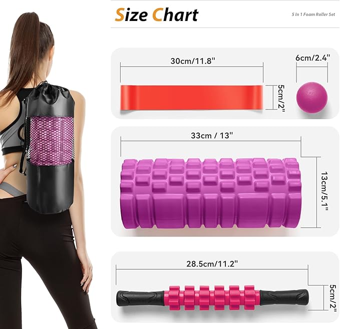 5 in 1 Foam Roller Set for Deep Tissue Muscle Massage, High Density Fitness Exercise Foam Roller, Massage Roller, Massage Ball, Resistance Band, for Whole Body (Pink-Black)-CasaMuseHome