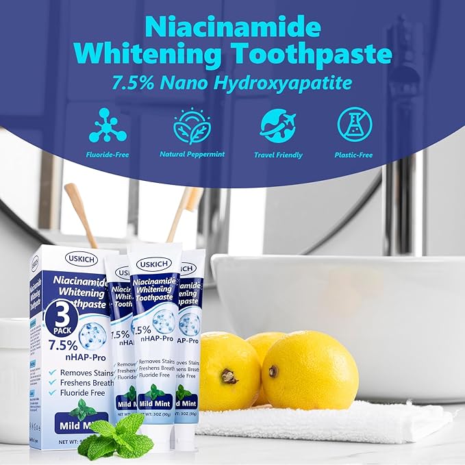 3 Pack Whitening Toothpaste,Fresh Breath Nano Hydroxyapatite Toothpaste for Remineralizing Enamel & Sensitive Relief,Whitening,Antiplaque,Natural Peppermint,Fluoride-Free-CasaMuseHome