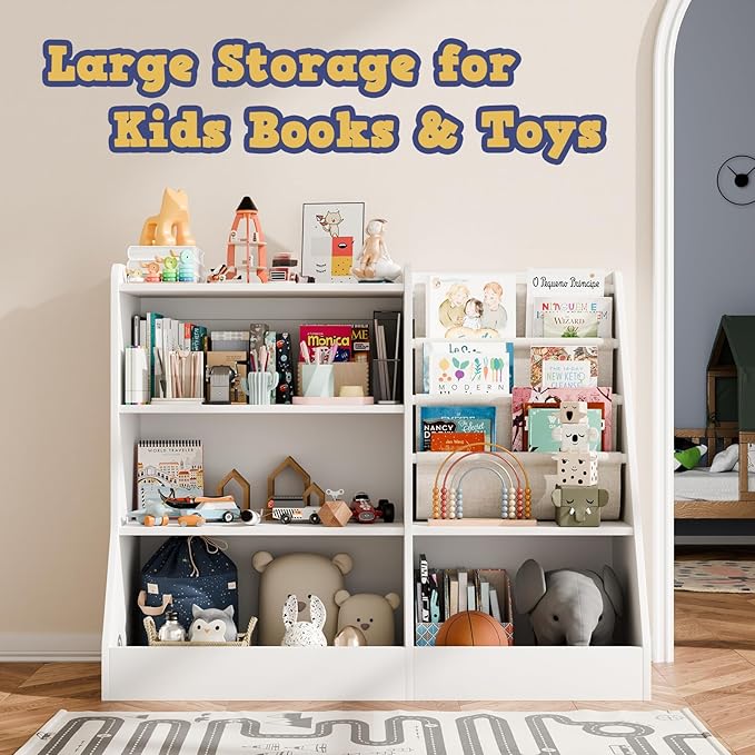 39" Large Kids Wooden Bookshelf and Toy Storage Organizer, Baby Bookcase with Sling Book Rack, Children Toddler Wooden Book Shelf for Kids Rooms, Playroom, Classroom, Nursery, School (White)-CasaMuseHome
