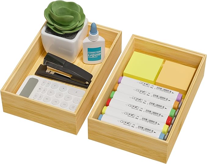 Kitchen Drawer Organizer Bins, Stackable Bamboo Drawer Organizer for Silverware, Flatware, Deep Office Desk Drawer Organizer Tray, Desktop Pen, Office Organization 9" x 6" x 2.5" (Set of 2)-CasaMuseHome