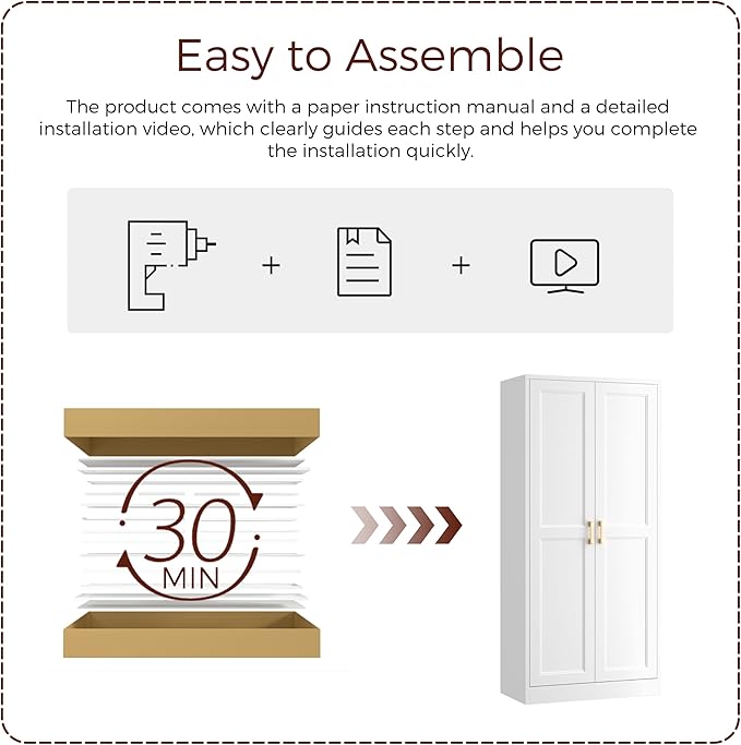 60" Tall Metal Pantry Cabinet, White Kitchen Pantry Storage Cabinet with 3 Adjustable Shelves and Gold Handles, Cupboard for Kitchen, Dining Room, Living Room, Bathroom-CasaMuseHome