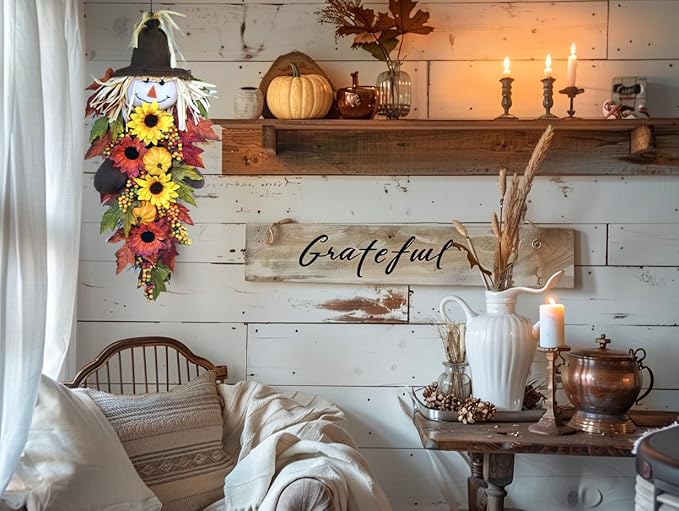 24" Rustic Fall Scarecrow Teardrop Swag – Farmhouse Sunflower & Pumpkin Wreath – Autumn Harvest Hanging Decor for Front Door, Wall, Porch, Indoor/Outdoor-CasaMuseHome
