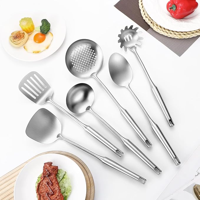 304 Stainless Steel Cooking Utensil,Kitchen Kitchen Utensil with Spatula, Solid Spoon, Ladle, Skimmer, Spaghetti Spoon, 6 Piece Set, Dishwasher Safe-CasaMuseHome