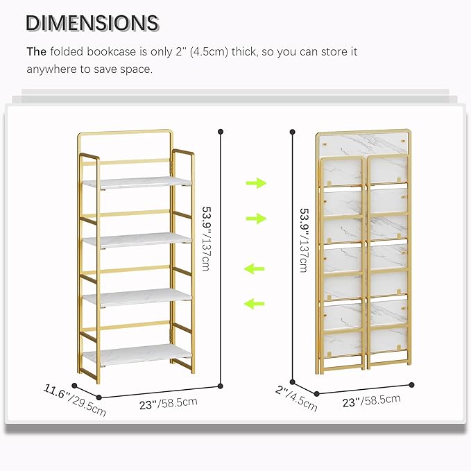 4NM No Assembly Foldable Bookshelf, 4-Shelf Collapsible Bookcase Storage for Small Spaces, 54" H, White and Golden-CasaMuseHome
