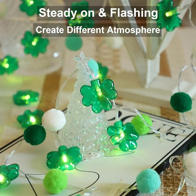 9.85Ft St Patricks Day Lights Garland 20 Pompoms 20 LEDs Green Lucky Clover Lights Shamrock String Lights with Timer for Indoor Bedroom Party Bar Garden St. Patrick's Day Decoration Green Irish Decor-CasaMuseHome