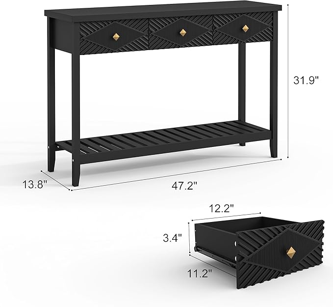 47" Console Table with 3 Drawers, Fluted Narrow Long Entryway Table with Storage Shelf, Accent Table for Entryway, Living Room, Behind Couch, Foyer, Hallway, Office-CasaMuseHome