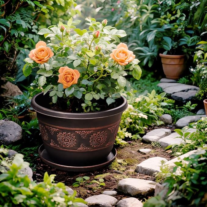 4 Pack 10 inch Plant Pots, Retro Pattern Planters with Drainage Holes and Saucer, Sturdy Plastic Garden Flower Pots for Indoor & Outdoor Plants-CasaMuseHome