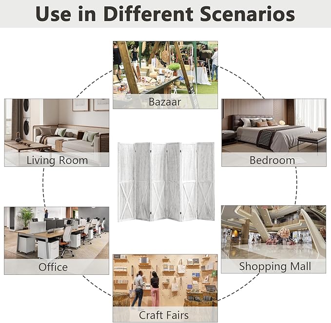 6 Panel Pegboard Room Divider, 5.6Ft Pegboard Display Folding Privacy Screens, Wood Room Divider Peg Board Display Freestanding for Trade Show Craft Show Home Wall Organizer, Retro White-CasaMuseHome