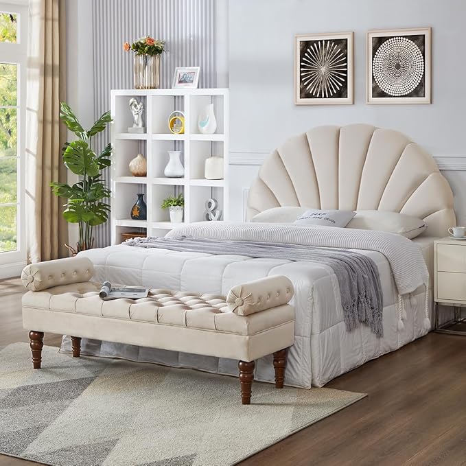 24KF Stunning Crown Design Queen Headboard, Upholstered Soft Velvet Petal Pattern Headboard Queen/Full-Beige-CasaMuseHome