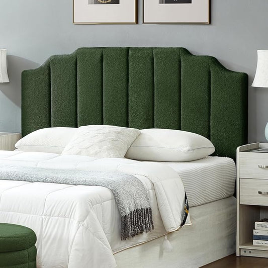 24KF Dark Green Teddy Fabric Tufted for Queen Upholstered Headboard, Modern Vertical Channel Design Full Headboard with Stepped Silhouette Top Edge, 6026-Q-Teddy Dark Green-CasaMuseHome