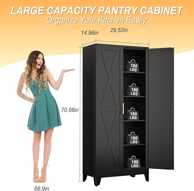 71" H Metal Kitchen Pantry Storage Cabinet, Freestanding Cupboard with 2 Doors and 4 Adjustable Shelves, Standing Storage for Kitchen, Bathroom, Garage, Dinning Room or Utility Room（Black）-CasaMuseHome