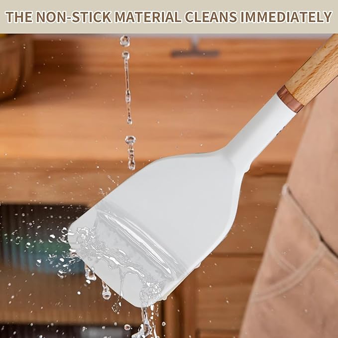 13-Piece silicone utensil set wood handle nonstick cookware safe dishwasher safe kitchen tools BPA free heat resistant (450°F/230°C) ceramic pan safe cooking gifts housewarming (White)-CasaMuseHome