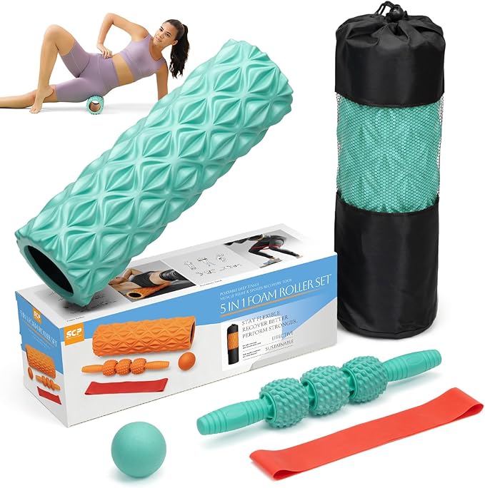 5 in1 Foam Roller Set, Trigger Point Foam Roller, Massage Roller Stick, Massage Ball, Resistance Band for Deep Muscle Massage Pilates Yoga,Fitness Exercise for Whole Body (Pure Turquoise)-CasaMuseHome