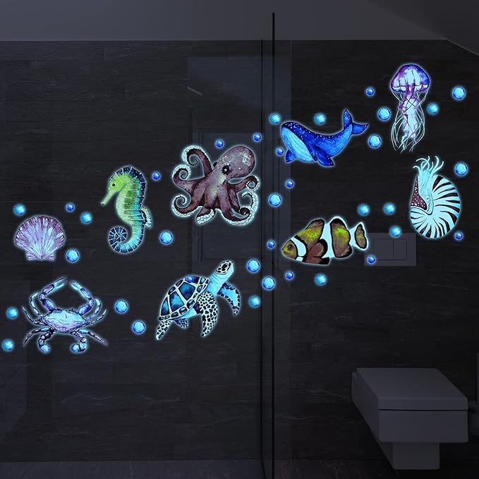52 Pcs Ocean Fish Wall Decals Glow in The Dark Under The Sea Wall Decals Sea Animals Stickers Removable Waterproof Peel and Stick for Kids Bathroom Watercolor Ocean Decor(Funny Style)-CasaMuseHome