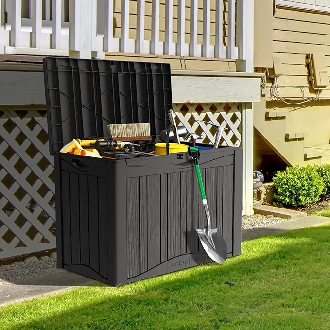 45 Gallon Lockable Resin Deck Box, Waterproof & UV-Resistant Outdoor Storage Box for Outdoor Cushion Storage, Garden Tools & Pool Accessories Storage, Black-CasaMuseHome