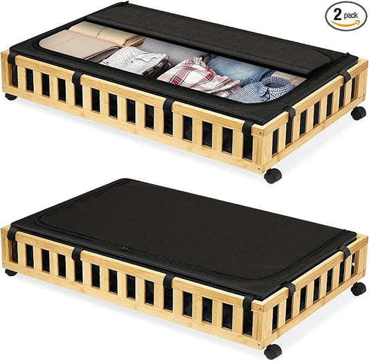 2 Pack Bamboo Under Bed Storage with Wheels, 39”x20”x7.8” Lager Under Bed Storage Containers (Natural)-CasaMuseHome