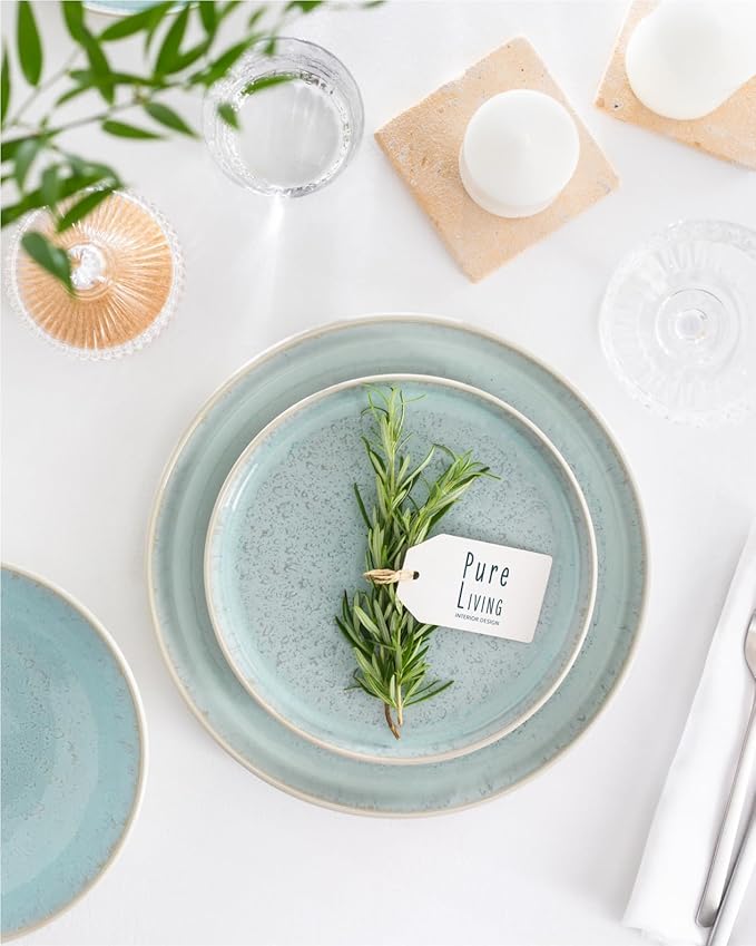 32 Piece Dinnerware Sets for 8 - Modern Style Stoneware Dinnerware Set - Scratch Resistant, Dishwasher Safe Plates and Bowls Sets Ceramic, Dish Set, Bowl and Plate Set - Beige and Blue…-CasaMuseHome