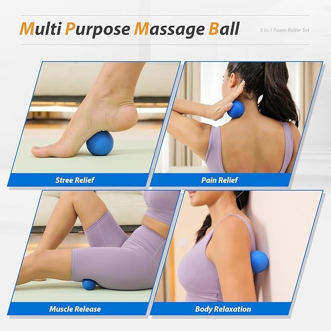 5 in1 Foam Roller Set, Trigger Point Foam Roller, Massage Roller Stick, Massage Ball, Resistance Band for Deep Muscle Massage Pilates Yoga,Fitness Exercise for Whole Body (Pure Blue)-CasaMuseHome