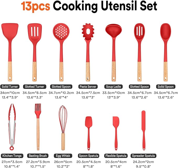 Kitchen Utensils Set, 13PCS Silicone Cooking Utensils, Heat Resistant Kitchen Utensil Spatula Set for Nonstick Cookware, Wooden Handles Kitchen Gadgets Tools Set (RED)-CasaMuseHome