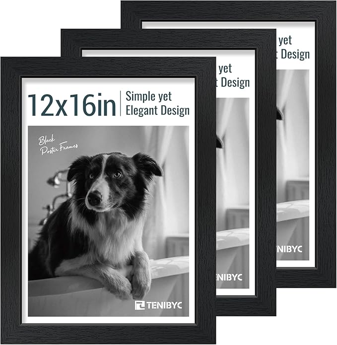12x16 Picture Frame 3 pk - Textured Black Wood, HD Tempered Glass, Wall Gallery Picture Photo Frame-CasaMuseHome