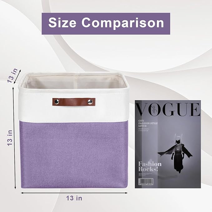 13x13 Cube Storage Bins, Collapsible Fabric Storage Box, 4 Pack Closet Baskets with Handles for Organizing, Shelf, Toys, Clothes, Home, Office, Nursery (Purple&White)-CasaMuseHome