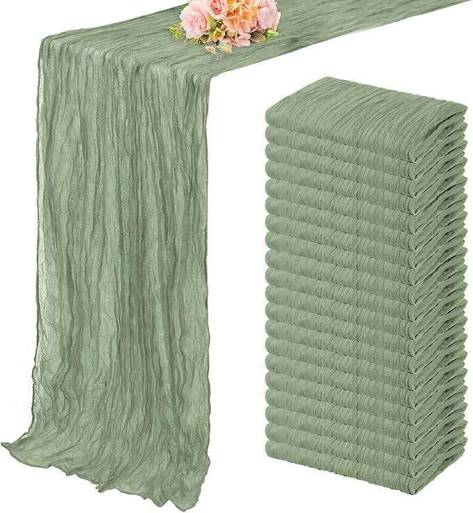20 Pack Sage Green Cheesecloth Table Runner 10FT Rustic Gauze Fabric Cheese Cloth Table Runner for Wedding Bridal Baby Shower Table Decor 20 x 120 Inch Long Boho Sheer Birthday Party Table Decorations-CasaMuseHome