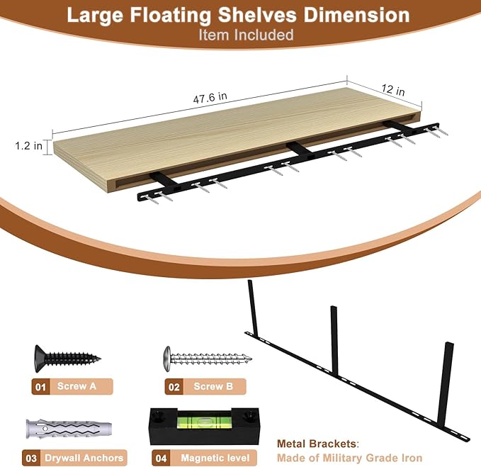 48 Inch Floating Shelf 2 Pack Large Floating Shelves for Wall No Drilling Accessories Included Deep Wall Shelves for Living Room Kitchen Farmhouse 48" W x 12" D x 1.2" Oak-CasaMuseHome