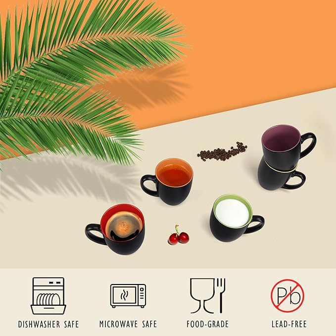 16 OZ Stoneware Coffee Mug Set of 6, Black Ceramic Mug with Different Color Inside, Colorful Porcelain Mug with Handle for Latte Espresso Cappuccino-CasaMuseHome