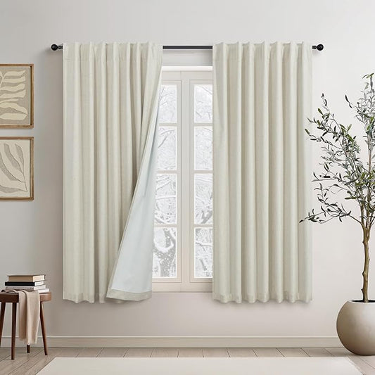 54 Inch Curtains Sunblock Curtains for Bedroom 2 Panel Set Flax Linen Short Blackout Insulated Thermal Opaque Curtain for Summer Heat Kitchen 4.5 ft Drapes for 50 Inch Small Window 52x54 Length Beige-CasaMuseHome