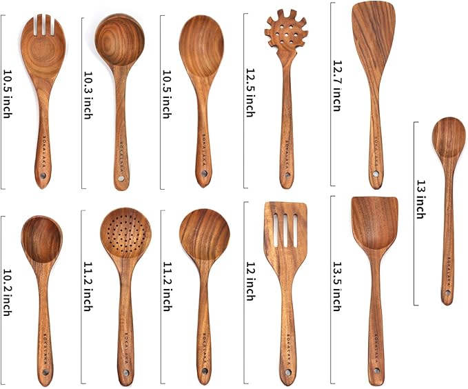 11 Pcs Wooden Kitchen Utensils Set - Wooden Spoons, Spatulas and More for Cooking-CasaMuseHome