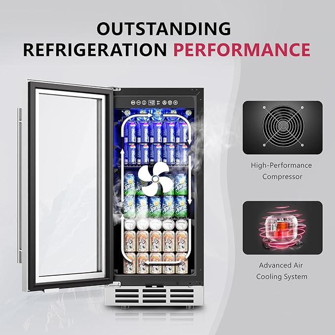 15'' Beverage Refrigerator Cooler - 126 Cans Under Counter Beverage Fridge with LED Light, Built-in Design, Wine Cooler for Home/Kitchen-CasaMuseHome
