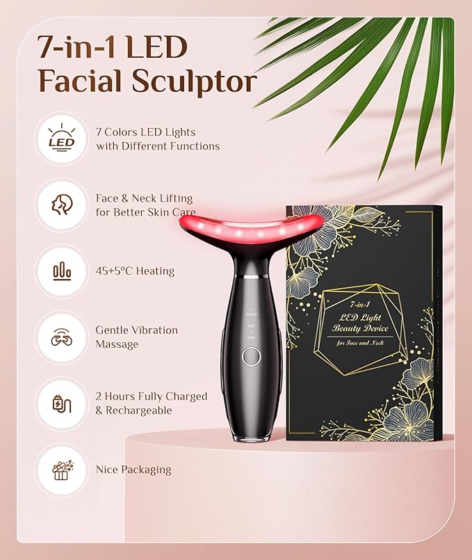 7 Color Galvanic Machines - Red Light Therapy for Face and Neck, Face Massager Tool for Wrinkles, Double Chin, Vibrating Facial Massager with Thermals, Black-CasaMuseHome