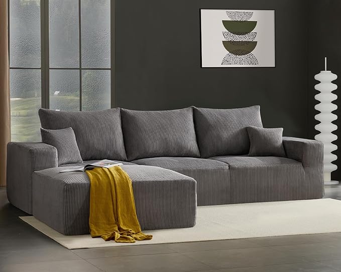 40" Square Stuffed Ottoman Pouf for Sofa Couch, Corduroy Poufs with Foam Chunk Filling, Furry & Fluffy Foot Stool Movable Ottoman. 40 * 40 Floor Poufs Foot Rest for Living Room, Grey-CasaMuseHome