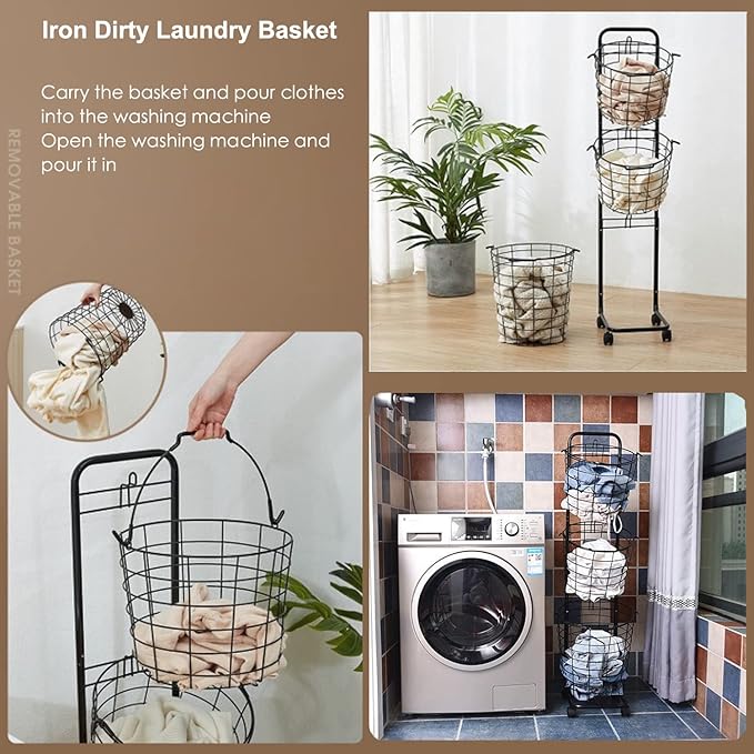 3 Tier Laundry Basket with Rolling Lockable Wheels Wire Metal Sorter Storage Trolley Shelf Basket Durable Metal Sorter Clothes Storage Trolley Shelf with Removable Hamper for Organizing Clothes-CasaMuseHome