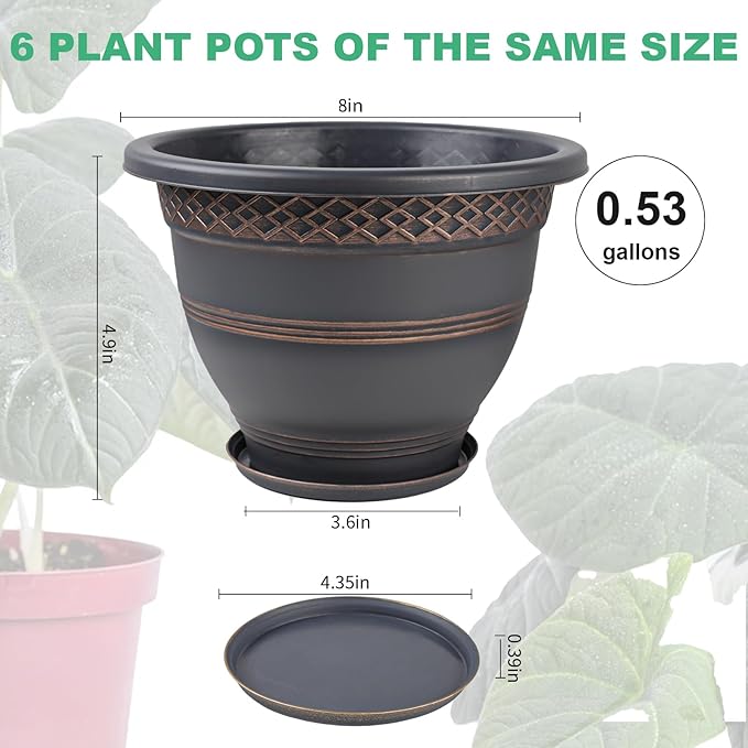 6 Pack 8 Inch Plant Pots, Plastic Flower Pot for Indoor & Outdoor with Drainage Holes & Saucer, Plaid Pattern Planters Garden Pots for Herbs-CasaMuseHome