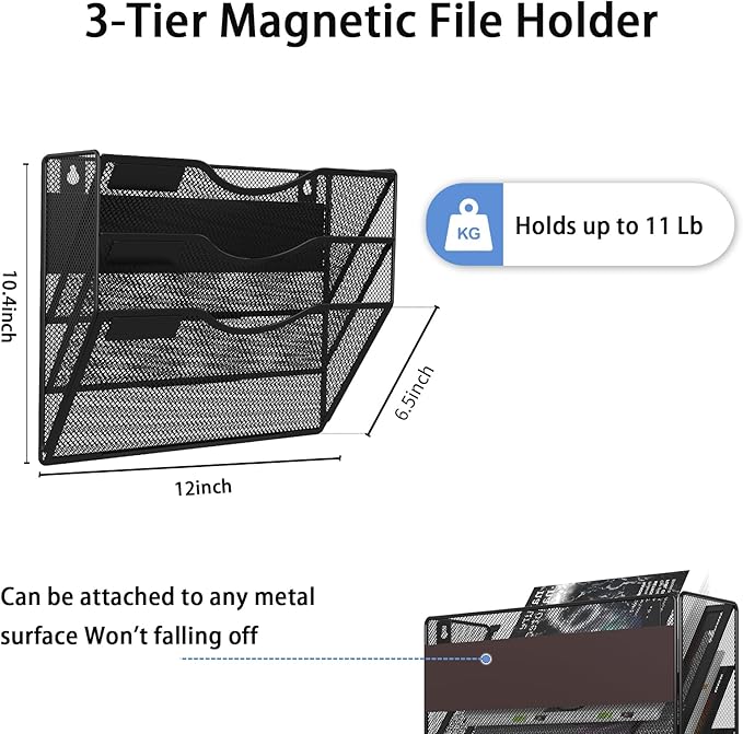 3-Tier Magnetic File Holder, No Drilling Installation File Cabinet Organizer, Black Magnetic File Organizer, Magazine Rack, Magnetic Paper Holder for Refrigerator, File Cabinets, Whiteboard-CasaMuseHome