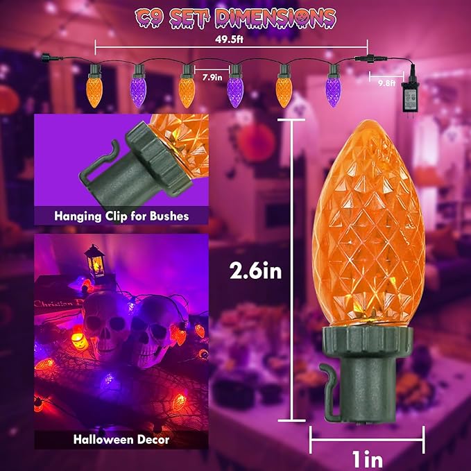 2PK 100 LED Purple and Orange C9 Halloween Lights Indoor Outdoor, Extendable 98FT C9 String Lights with 13 Modes & Timer, Waterproof Plug in Halloween Decorations for Tree Patio Fall Party Garden-CasaMuseHome