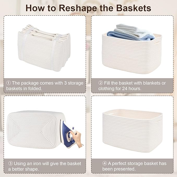 3-Pack Shelf Baskets for Organizing, Woven Storage Basket for Shelves, Cotton Rope Storage Bins for Toys Books, Nursery Towel Baskets for Classroom, 14.96"X9.8"X8.85", White-CasaMuseHome