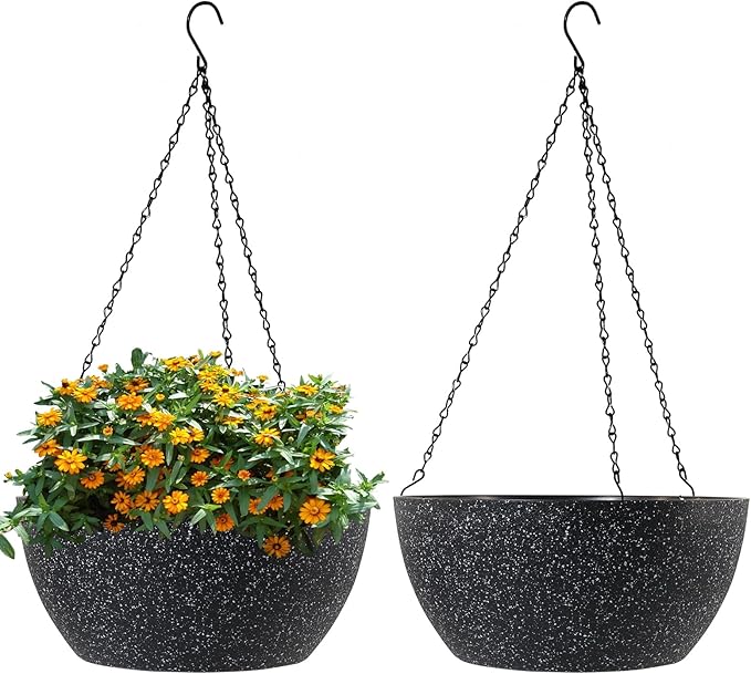 13 inch Large Hanging Planters Plant Pots for Outdoor Indoor Plants with Drainage Holes and Chain, 2 Pack Round Hanging Flower Pots for Garden Home Porch Decor, Speckled Black-CasaMuseHome