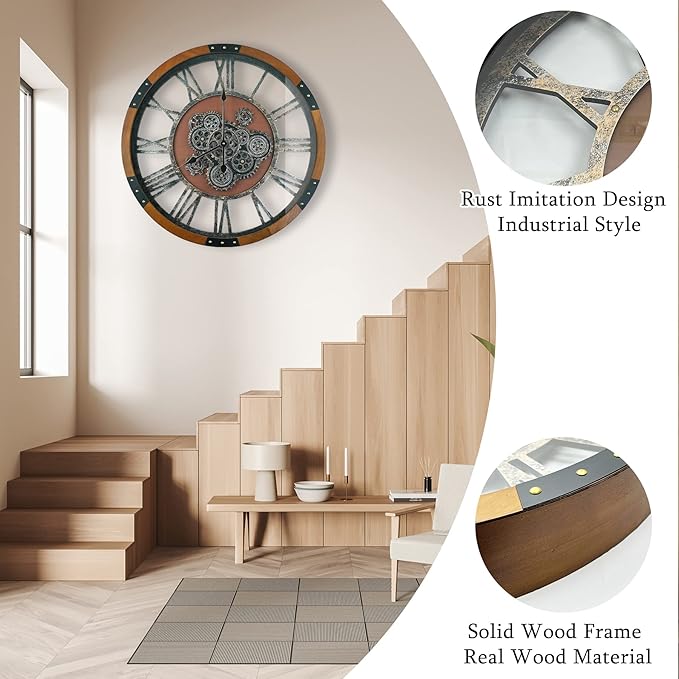 30 Inch Moving Gear Wall Clock, Oversized Wall Clocks, Clock Living Room Decor, Solid Wood Frame, Battery Operated, Large Wall Clock with Steampunk Industrial for Fireplace(Machilus)-CasaMuseHome