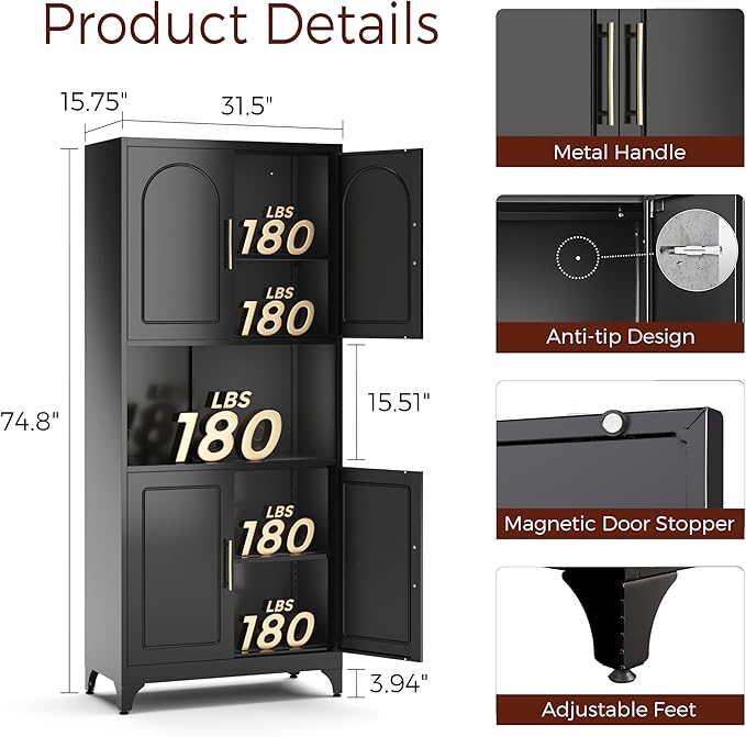 75" Tall Kitchen Pantry Storage Cabinet, Metal Storage Cabinets with 4 Doors and Adjustable Shelves, Black Kitchen Hutch Cabinet with Microwave Stand, Large Cupboard for Dining Living Room-CasaMuseHome