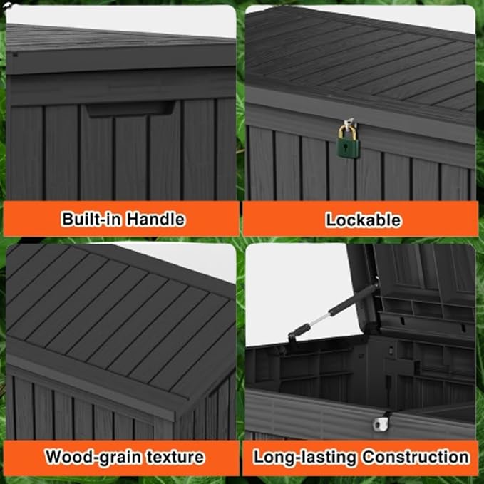180 Gallon Lockable Resin Deck Box, Waterproof & UV-Resistant Outdoor Storage Box for Outdoor Cushion Storage, Garden Tools & Pool Accessories Storage, Black-CasaMuseHome