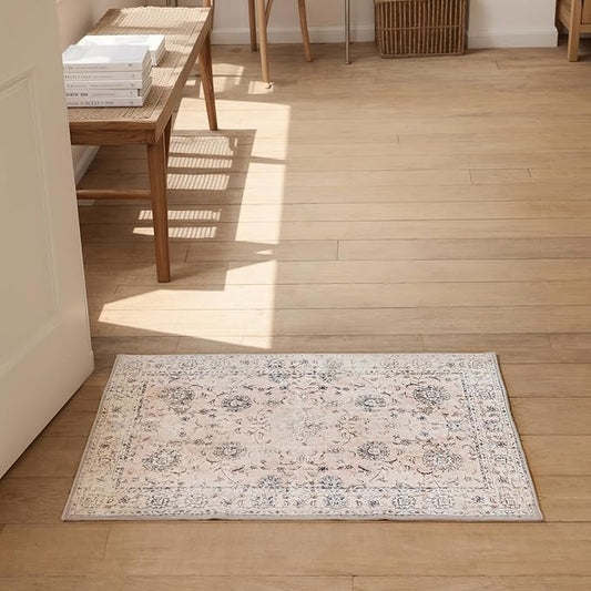 3'x5' Vintage Floral Rug - Persian Inspired Low-Pile Faux Wool Area Rug, Non-Slip Washable Small Rug for Bedroom, Nursery, Dorm, Soft Pink Boho Chic Decor-CasaMuseHome