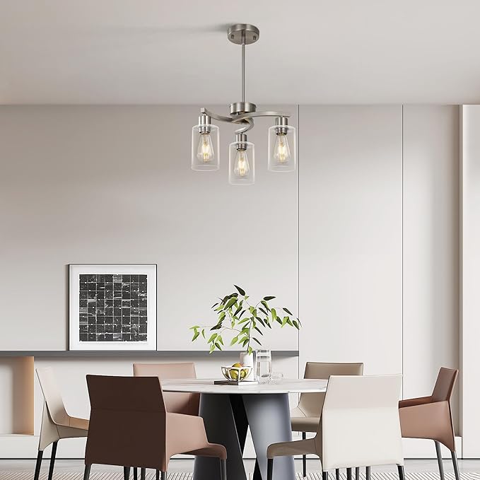 3-Light Brushed Nickel Dining Room Light Fixture,Modern Kitchen Chandeliers Over Table，Adjustable Height Industrial Hanging Pendant Lights for Kitchen Island with Glass Shade-CasaMuseHome
