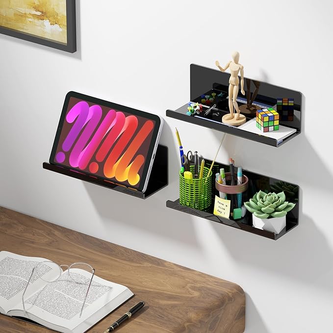 Acrylic Floating Shelves for Wall No Drilling, Self Adhesive Space-Saving Shelves, 12 Inch Floating Shelf Stick on Wall Shelf, for Bathroom, Kitchen, Bedroom, Office, Gaming Room, Black-CasaMuseHome