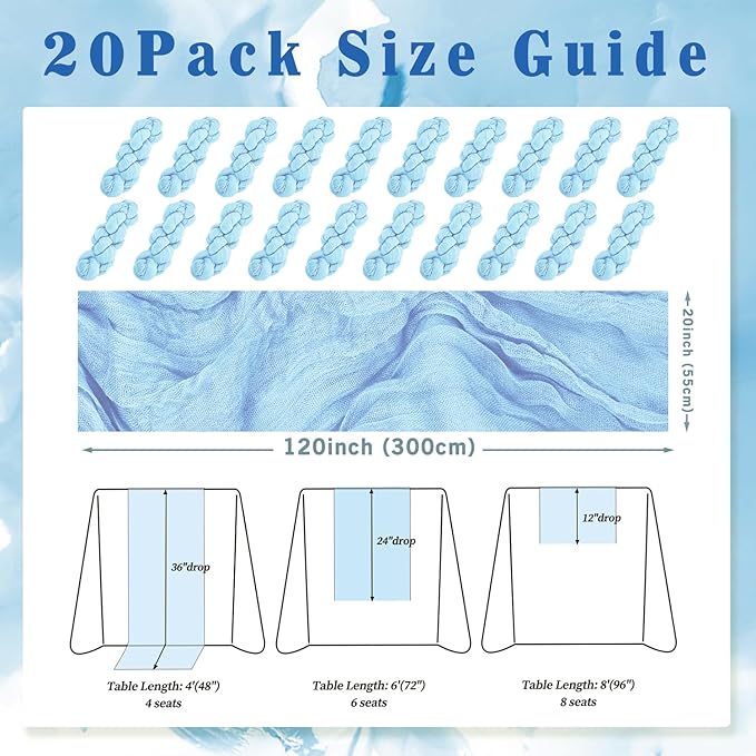 20 Pack Baby Blue Cheesecloth Table Runner 20 x 120 Inch Long Rustic Gauze Cheese Cloth Table Runner for Wedding 10FT Bridal Baby Shower Table Decorations Boho Fabric Sheer Birthday Party Table Decor-CasaMuseHome